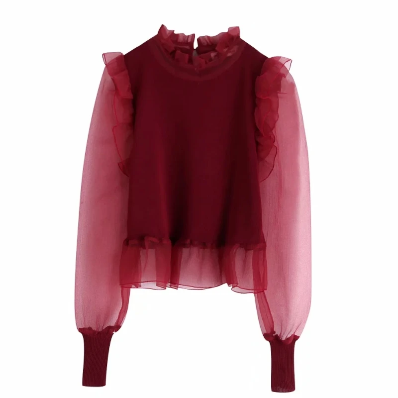 Женская блузка из прозрачной органзы вязанная с пышными рукавами и оборками