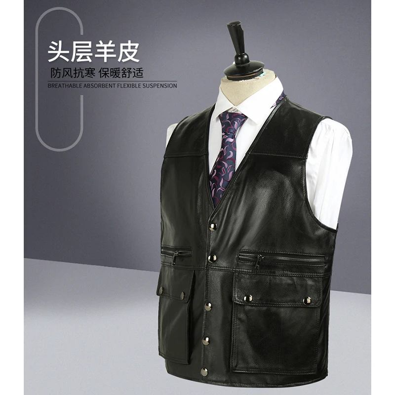2021 Men's Sheepskin V-neck Vest Multi-Pockets Casual Leather |