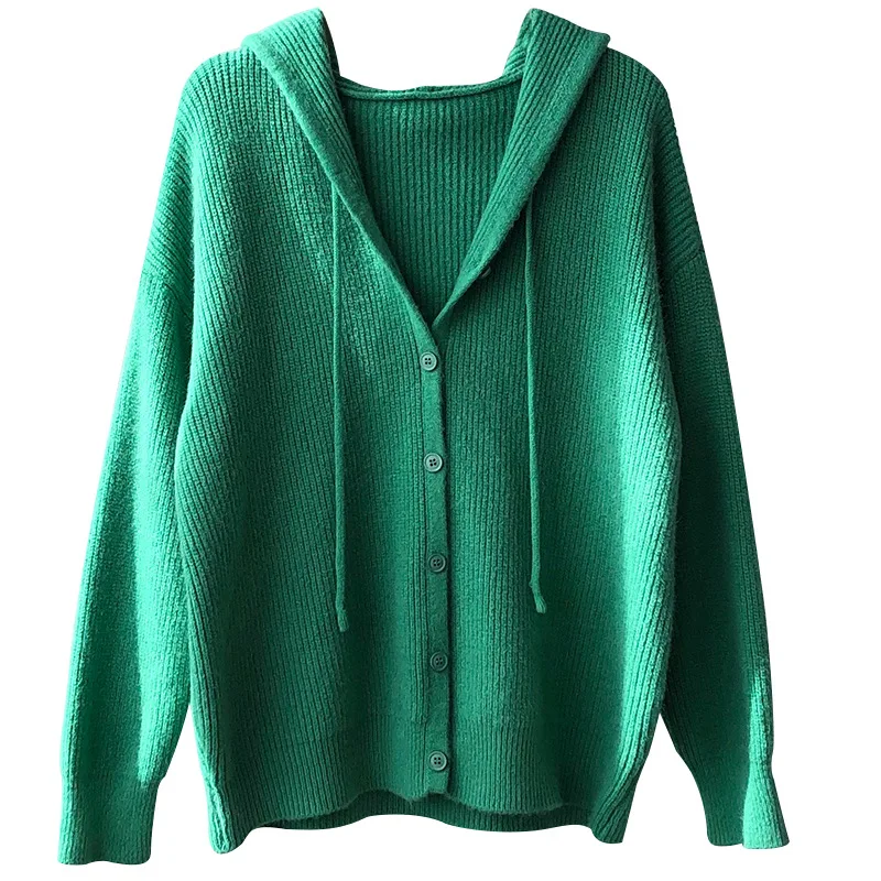 

Yeeloca Spring New Lazy Wind V-neck Hooded Sweater Women's Casual Loose Single Breasted Coat Korean Thick Long Sleeve Top