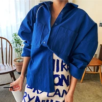 2021 new women solid corduroy batwing sleeve vintage blouse turn down collar loose top button up blue shirt feminina blusa
