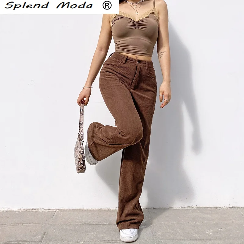 

Splend Moda New Fashion Solid Corduroy Wide Leg Pants Y2K High Waist Baggy Pants Vintage 90s Streetwear Brown Trousers Female