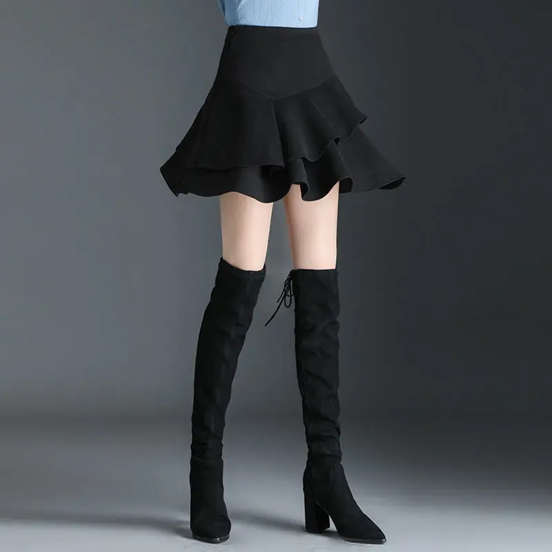 

2021 Women Autumn Winter New Casual Woolen Skirt Female Ruffles High Waist A-line Pleated Skirt Lady Vintage Falda G260