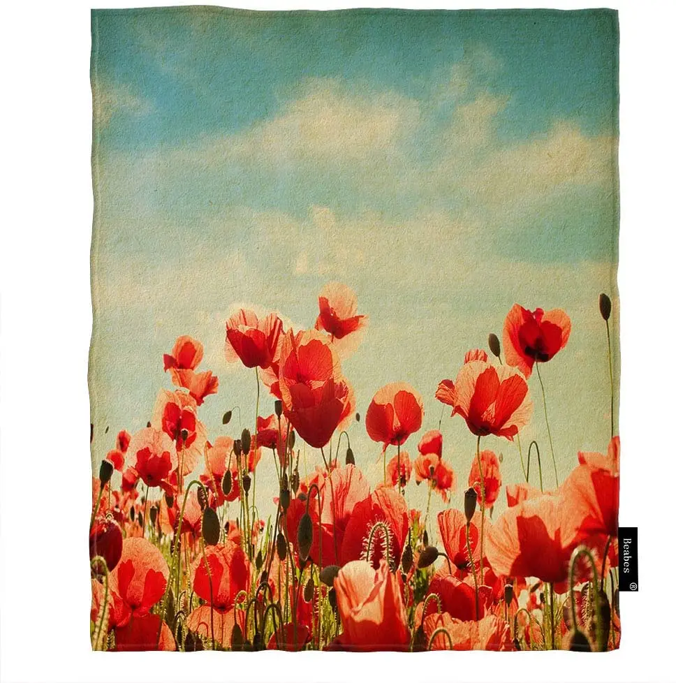 

Beabes Poppy Field Floral Throw Blanket Vintage Blossom Red Rose Flower Plant Nature Grass Soft Warm Blanket Flannel