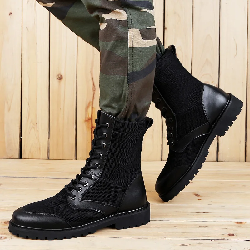 

Large size 37-46 Genuine leather lace-up black army ankle boots men high shoes flat military boots increasing casual boots men