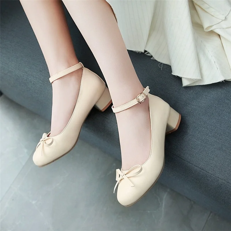 

Office Ladies Ankle Strap Lolita Shoes Sweet Bowtie Women Pumps Low Square Block Heels Round Toe White Pink Casual Wedding Dress