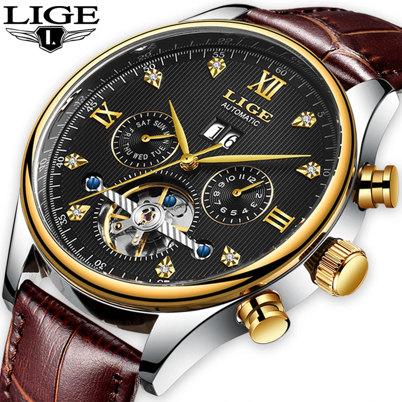 LIGE, Брендовые мужские часы, автоматические механические часы, Tourbillon, спортивные часы, кожаные, повседневные, деловые, наручные часы, золотые, Relojes Hombre