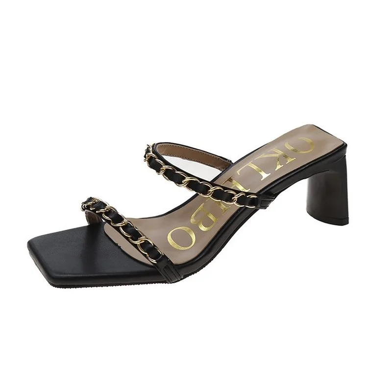 

2021 NEW Fashion PU Women Shoes Summer Square Heel Peep Toe Slipper Novelty Shallow Metal Decoration Patchwork Elegant