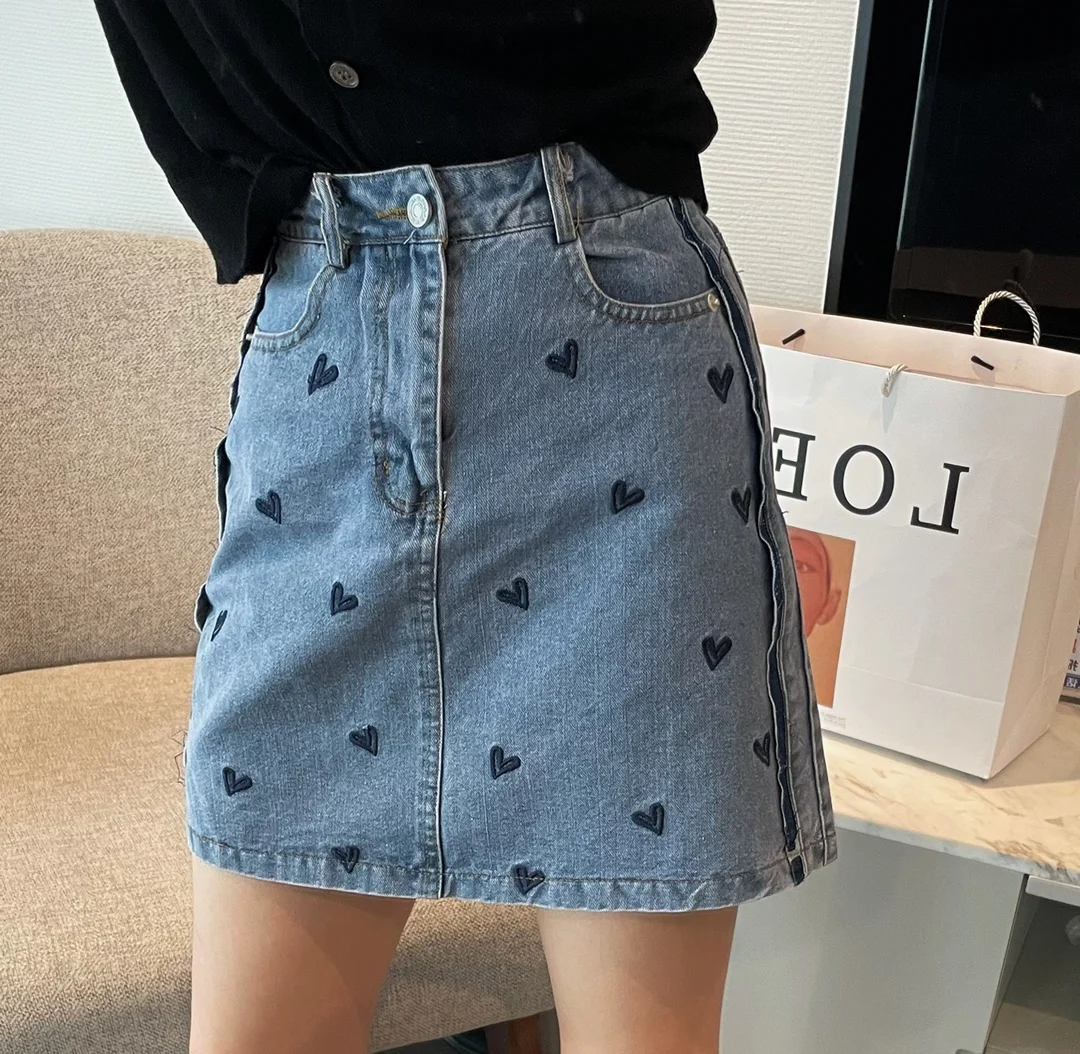 

Love Embroidery Denim Skirt Women's 2021 Spring Summer New Korean Style Printed Short Skirt High Waist A- Line Jean Skirt Femme