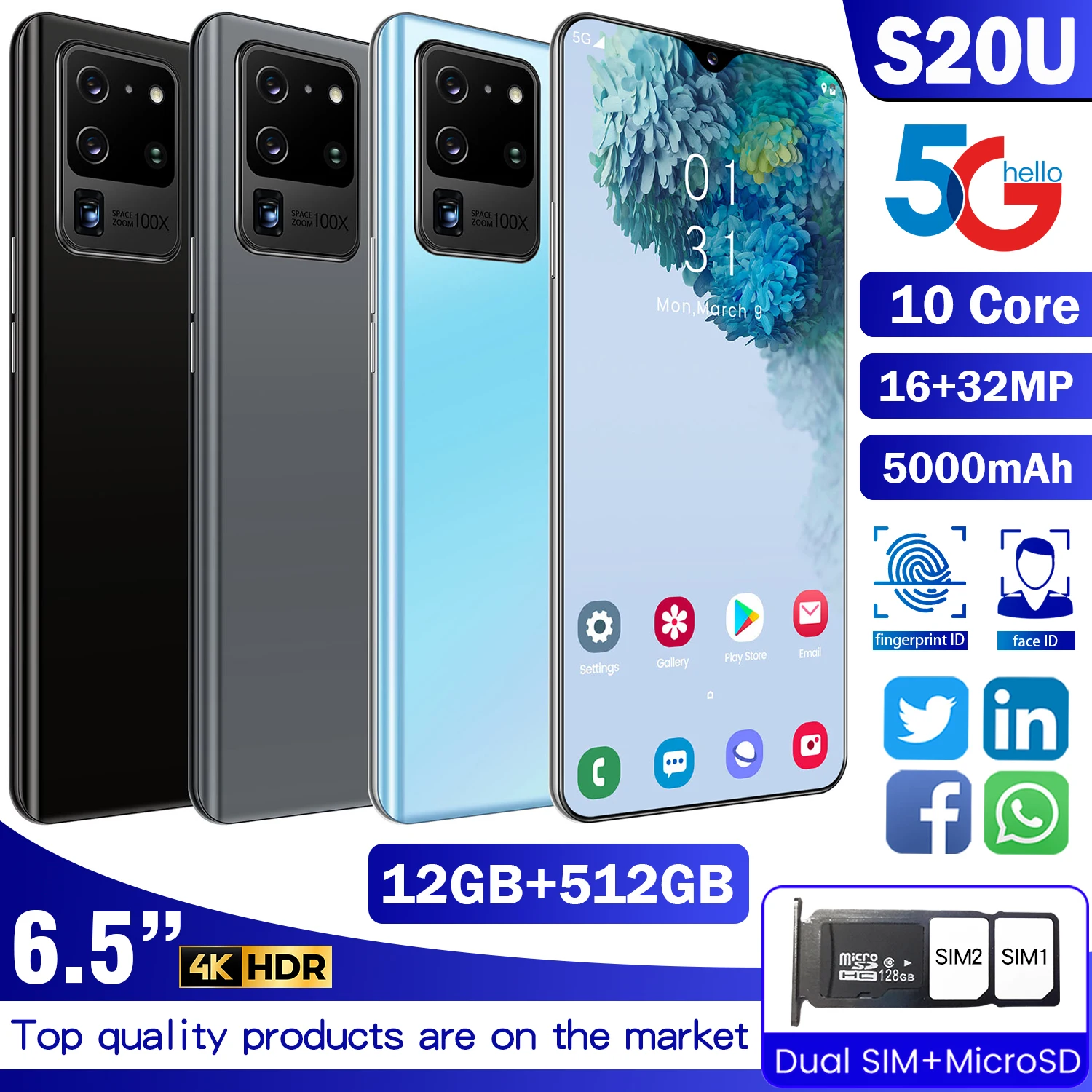 

Hot Selling S20U Global Version 5G Android 12G 512G 5000mAh Battery 16MP 32MP Camera Face ID Gaming Phone