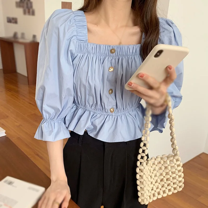 

ETOSELL Ruffles Blouse Women Solid Color Square Collar Blouses Female Folds Waist Short Shirt Tops
