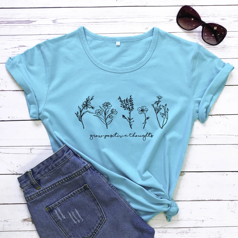 Grow Positive Thoughts Flowers T-shirt Aesthetic Women's Inspirational Quote Tshirt Cute Summer Graphic Wildflowers Tees Tops