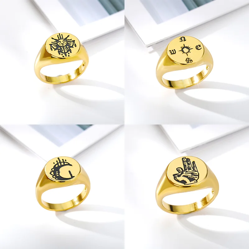 

RXSMll Geometric Fashion Mens Rings Stainless Steel Gold Signet Band Ring For Women Engrave Aesthetic Jewelry Accessories Gift