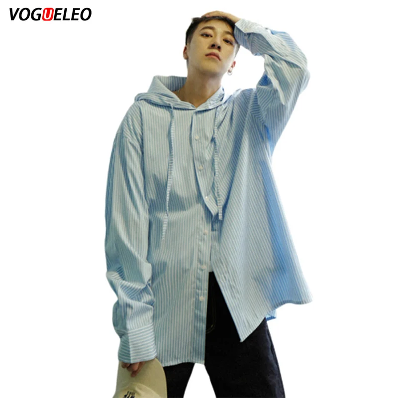 VOGUELEO2019 стиль модная мужская рубашка с длинными рукавами в полоску с капюшоном оверсайз Осень Свободный Повседневный хлопковый корейский вариант молодых мужчин
