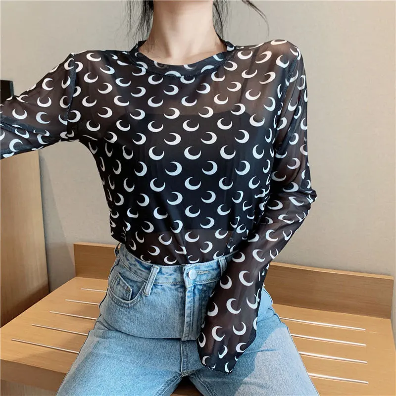 

Fashion Ladies Lightweight Loose Printed Mesh Long Sleeve T-shirt 2021 Summer New Sexy Sunscreen Top