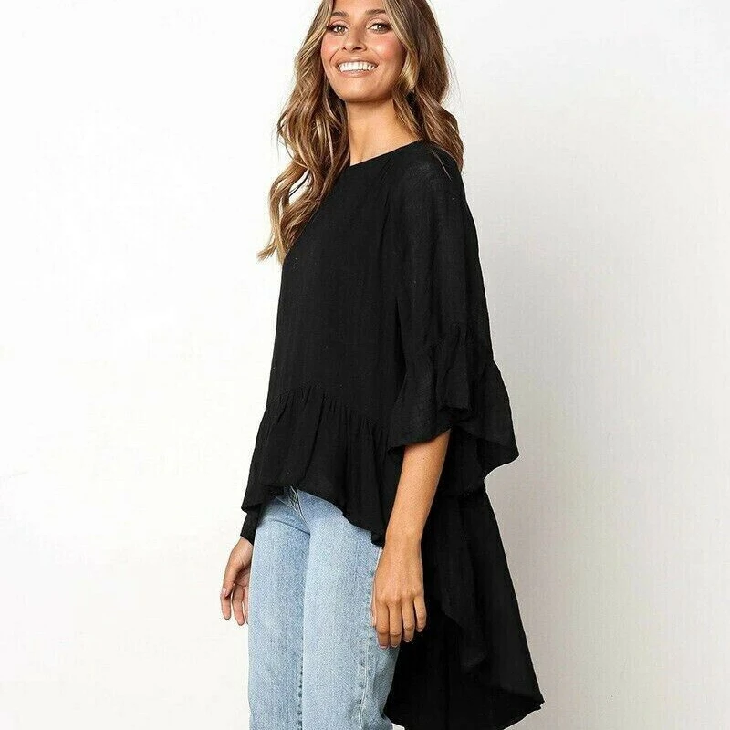 Асимметричная Женская однотонная блузка в стиле бохо с оборками расклешенными
