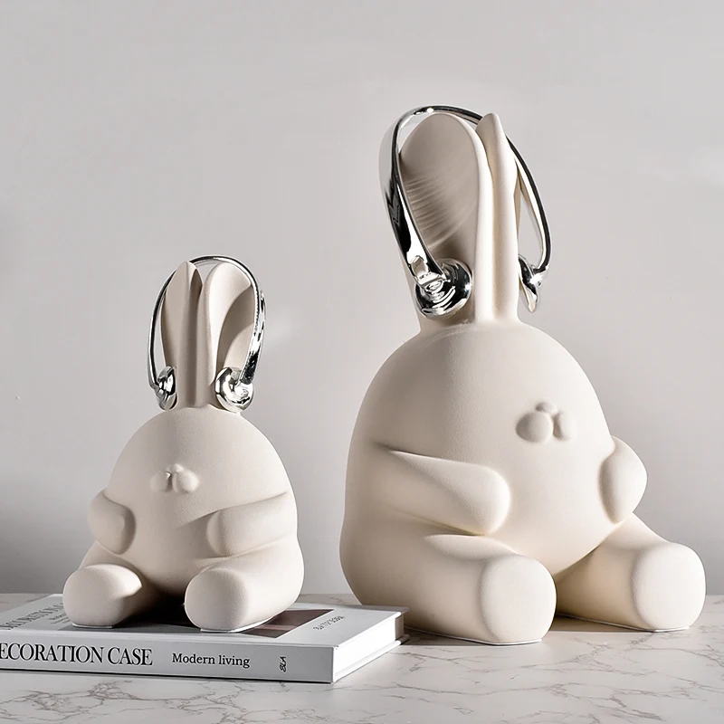 Headset Rabbit Statue Cartoon Animal Figurine Desktop Decoration Ornaments Modern Interior Home Decor Resin Crafts Sculpture