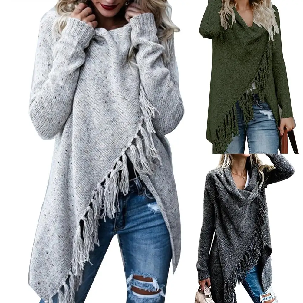 

Женский Одноцветный нестандартный шаль с длинным рукавом с кисточками вязаный свитер кардиган одежда