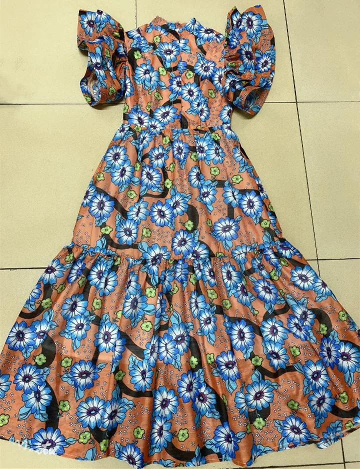 

2021 European and American socialite fashion wind favors falbala fly sleeve show thin printed dress of tall waist