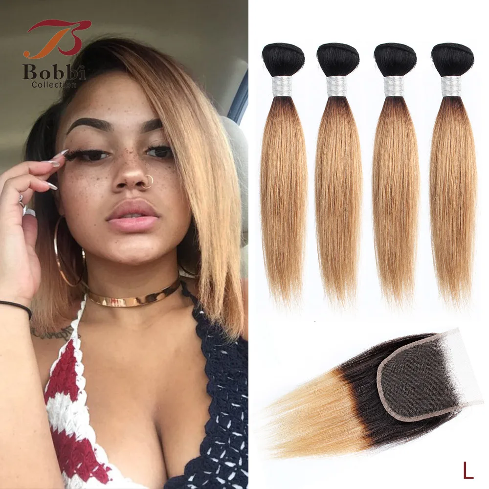 

50g/pc 4 Bundles with 4x4 Lace Closure Straight Remy Human Hair Ombre Honey Blonde Brown Black Short Bob Style BOBBI COLLECTION