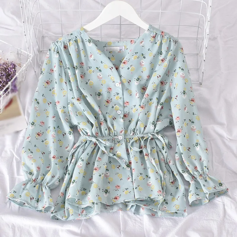 

Korean Fashion v-Neck V-Neck Floral Flared Sleeves Sexy Sweet Waist Tie Long-Sleeved Chiffon Shirt