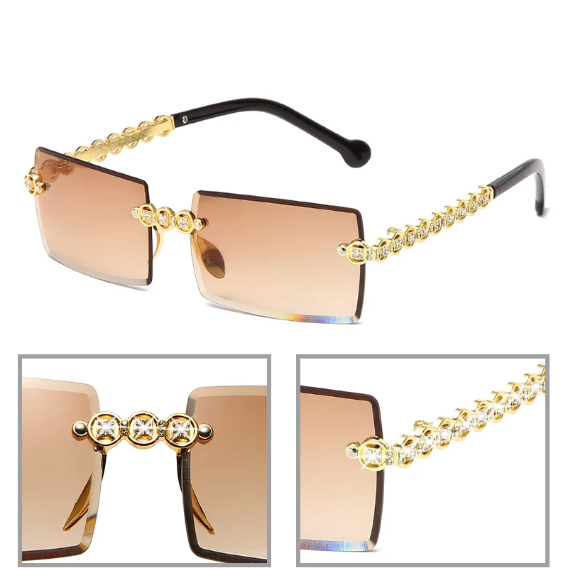 

Fashion Square Rimless Diamond Sunglasses New Brand Design Women Small Sun glasses Luxury Metal Shades UV400 Eyewear