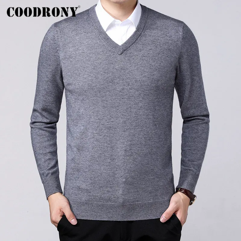 Бренд COODRONY, мужской свитер, Осень-зима, толстый, теплый, для мужчин, Классический Повседневный пуловер с v-образным вырезом, мужской кашемировый шерстяной трикотаж 91110 - Цвет: Светло-серый
