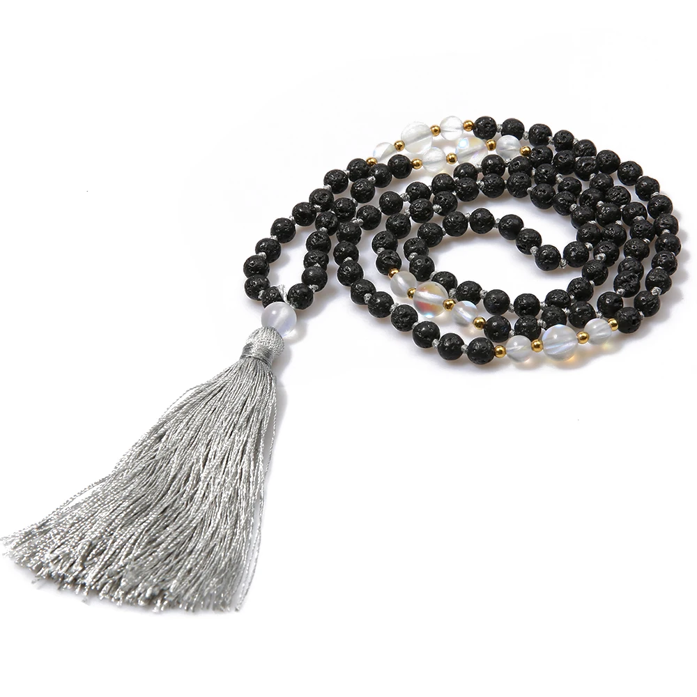 

6mm Black Lava Stone & Moonstone Beaded Knotted 108 Mala Necklace Meditation Yoga Blessing Japamala Jewelry