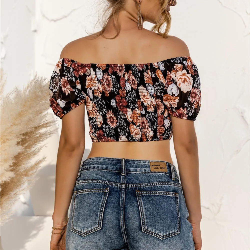 

Women Crop Top Summer Short Sleeve Boho Floral One-shoulder Drawstring Feman Girl Sexy Short Chiffon Shirt Tops