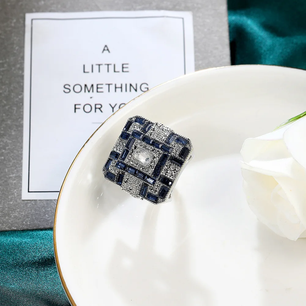 Винтажный стиль синий цвет искусственный камень серебряный квадратные кольца