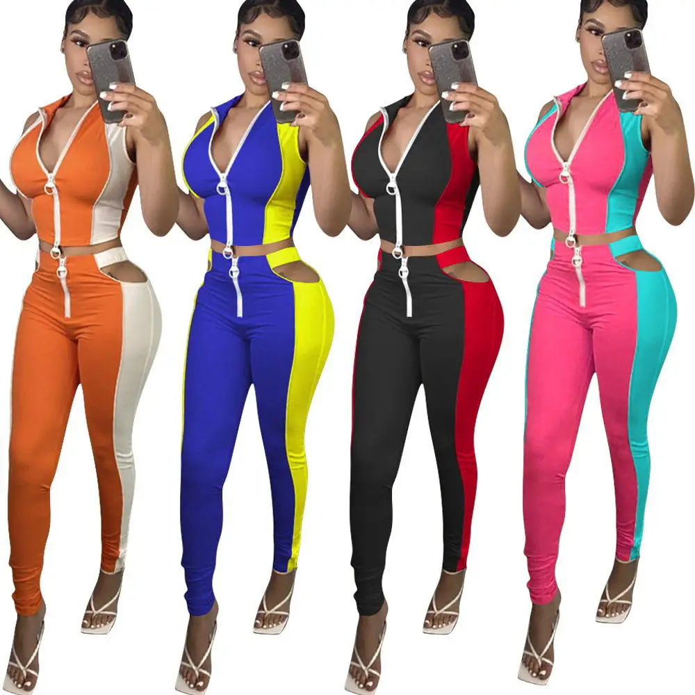 

17F8361 Summer Women Casual Fashion Patchwork Print Hollow Out Sports Two Piece Set Top and Pants Tracksuit Sweatsuit Outfits