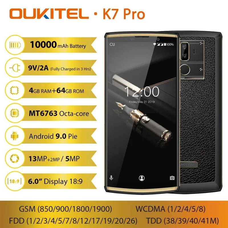

OUKITEL K7 Pro Smartphone 4GB RAM 64GB ROM 6.0" FHD 18:9 MT6763 Octa Core Android 9.0 13.0MP 10000mAh Face ID 9V/2A Mobile Phone