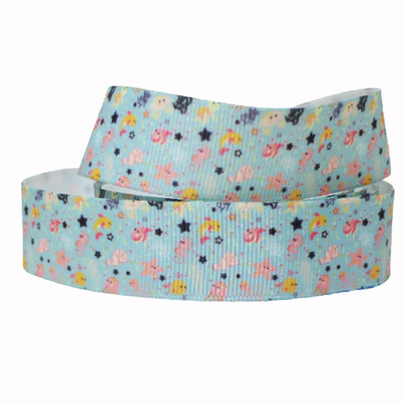 

50yards/lot 16mm 22mm 25mm 38mm 50mm 75mm Cute Fish Printed Grosgrain Ribbon FOE for Holiday Gift Decoration DIY Hair Bows Craft
