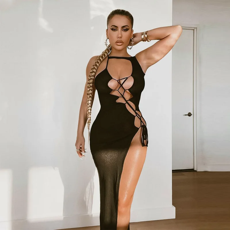 

Lace Up Bandage Dress Women Side Split Bodycon Dress 2021 Summer Ladies Sexy Club Dresses Vestidos Robes