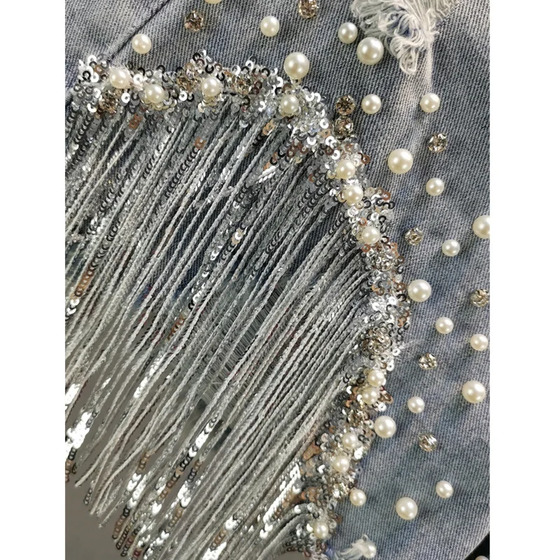 

IEQJDenim Shorts Skinny Cotton High Waist Nail Bead Sequin Fringed Hole Wide Leg short New Fashion Tide 2021 Summer GD886