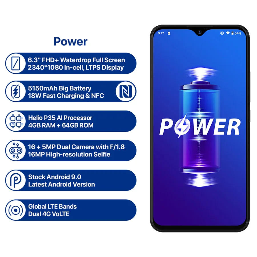 UMIDIGI power Android 9 0 5150 мАч большая батарея 18 Вт 6 3 'FHD + экран капли воды 4 Гб 64 Helio P35