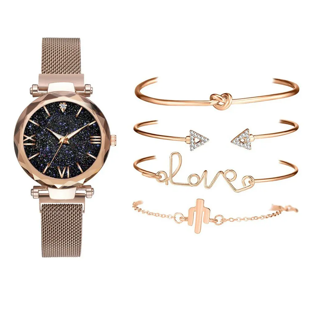 

Rose Gold Starry Sky Dial Watches Women Ladies Crystal Bracelet Quartz Wrist Watch With Four Bracelets