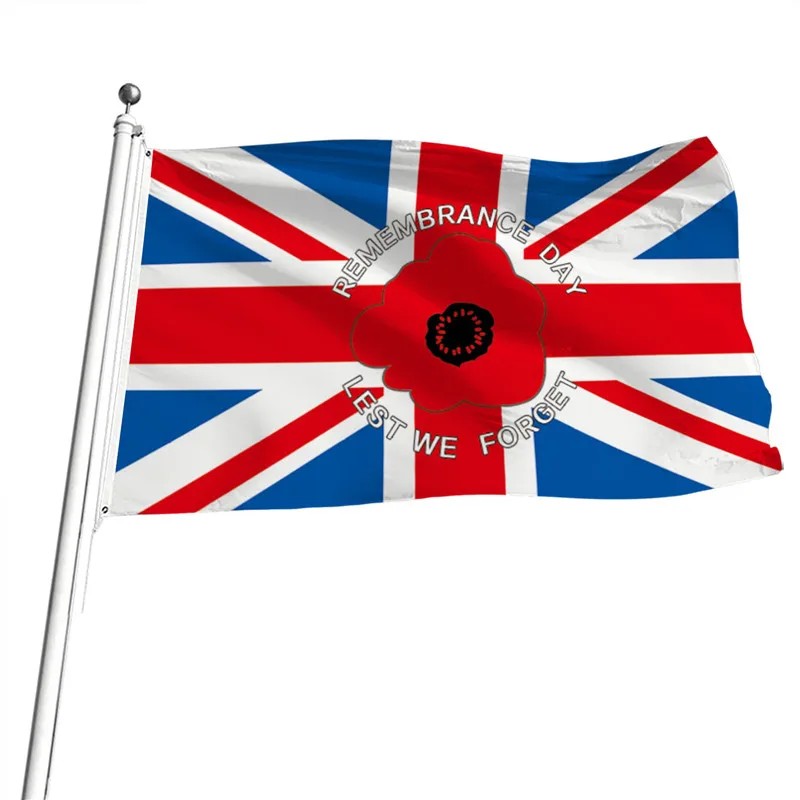 

3 x 5 ft Remembrance Day Poppy Lest We Forget Union Jack UK Flag Banner Polyester with Brass Grommets 90 x 150 cm