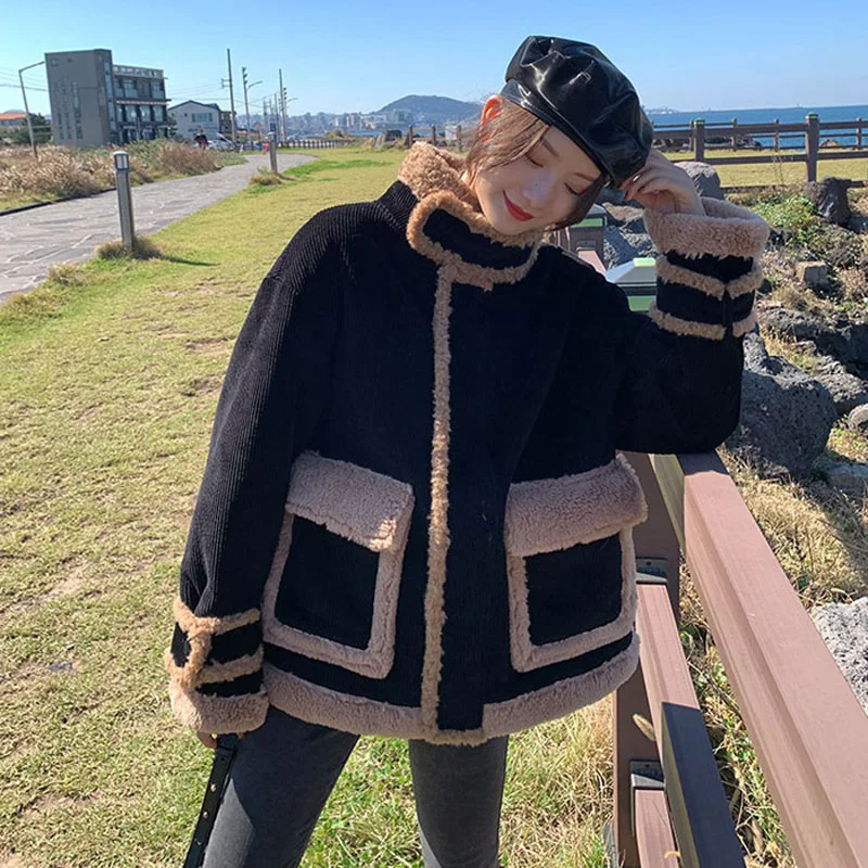 Vintage Faux Fur Coats Black Thick Lamb Fur Coats Streetwear Women Stand-up Collar Fur Cropped Jacket Corduroy Winter Clothes