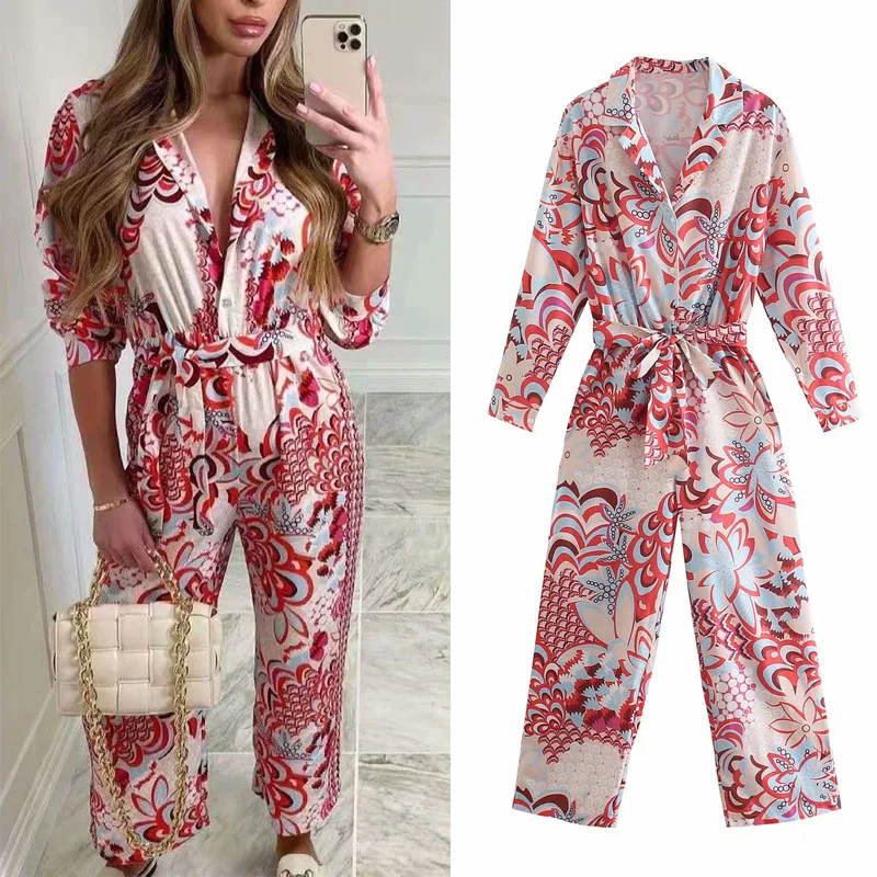 

Za Summer Print Woman Jumpsuits Lapel Single Breasted Waist Lacing Long Sleeve Top Casual Wide Leg Pants Large Size Rompers Suit