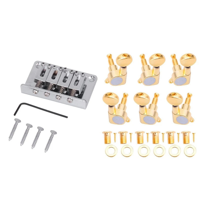 

1Pcs Cigar Box Guitar Parts: 4-String Chrome Hard-Tail Adjustable Bridge & 6 Guitar Tuning Pegs Verrouillage Tuner Touches Guita