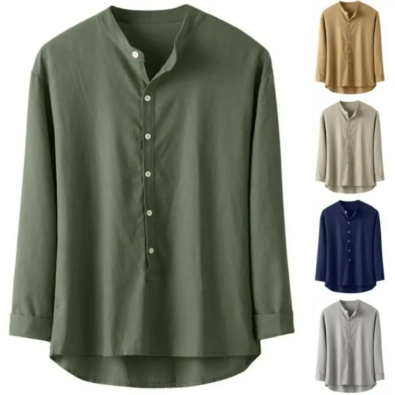 

Mens Solid Blouse Casual Loose Shirt Long Sleeve T-shirt Button Down Top Summer