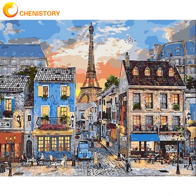 

CHENISTORY DIY Painting By Numbers Kits For Adults Small Town Oil Picture Tower Handpainted Coloring By Numbers Gift Decor Art