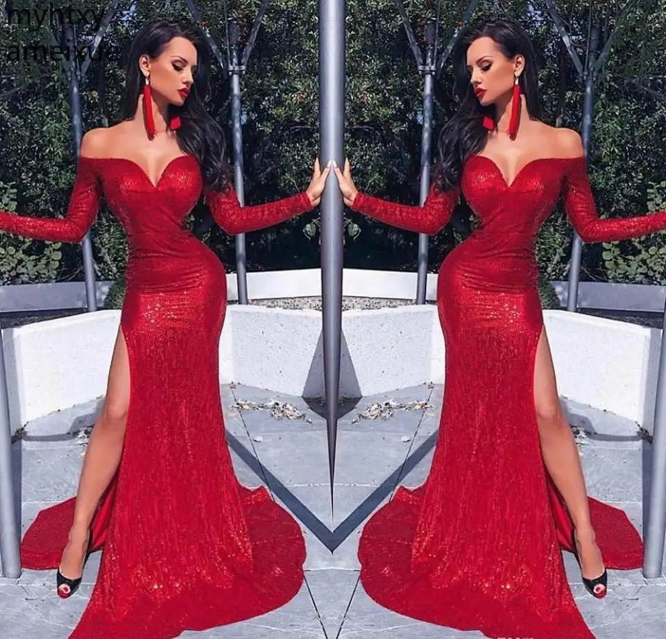 

Женское винтажное платье-русалка, красное платье с открытыми плечами и шлейфом, с натуральными блестками, для выпускного вечера, 2021