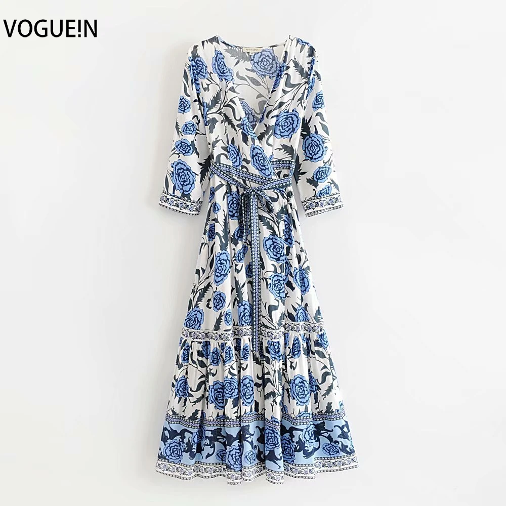 VOGUEIN Новый женский этнический цветочный принт v образный вырез синий/красный 3/4