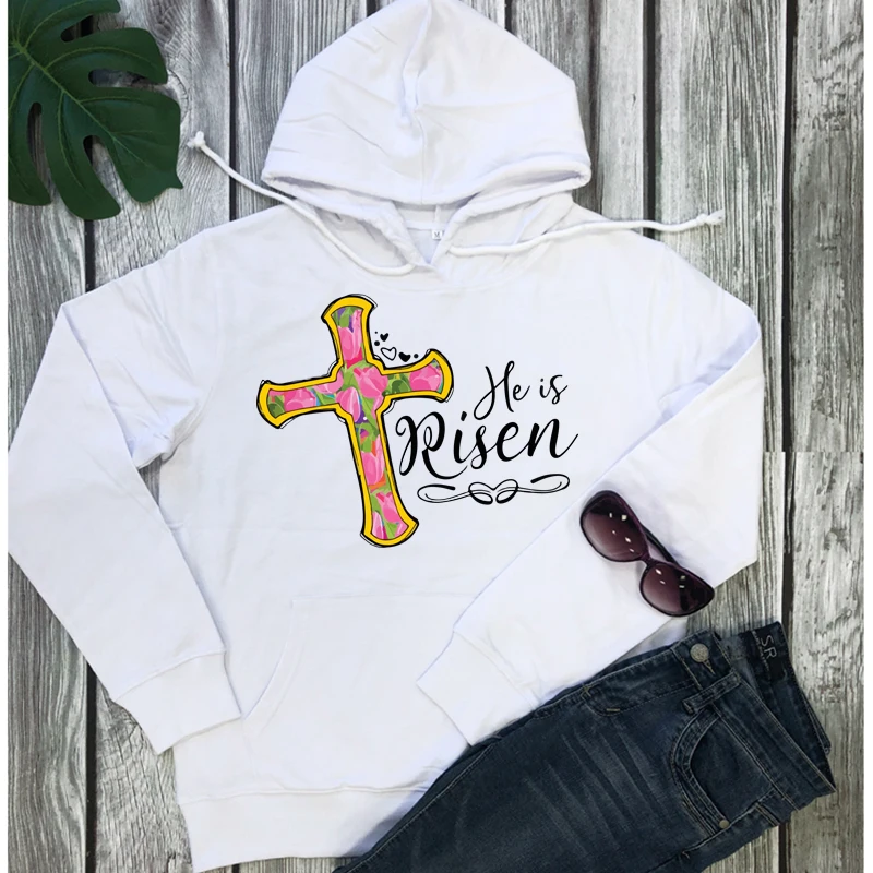 

Jesus Cross Women Fleece Hoodies He Is Risen Graphic Jumpers Religious Clothing Cotton Long Sleeve Winter Pullover Dropshipping