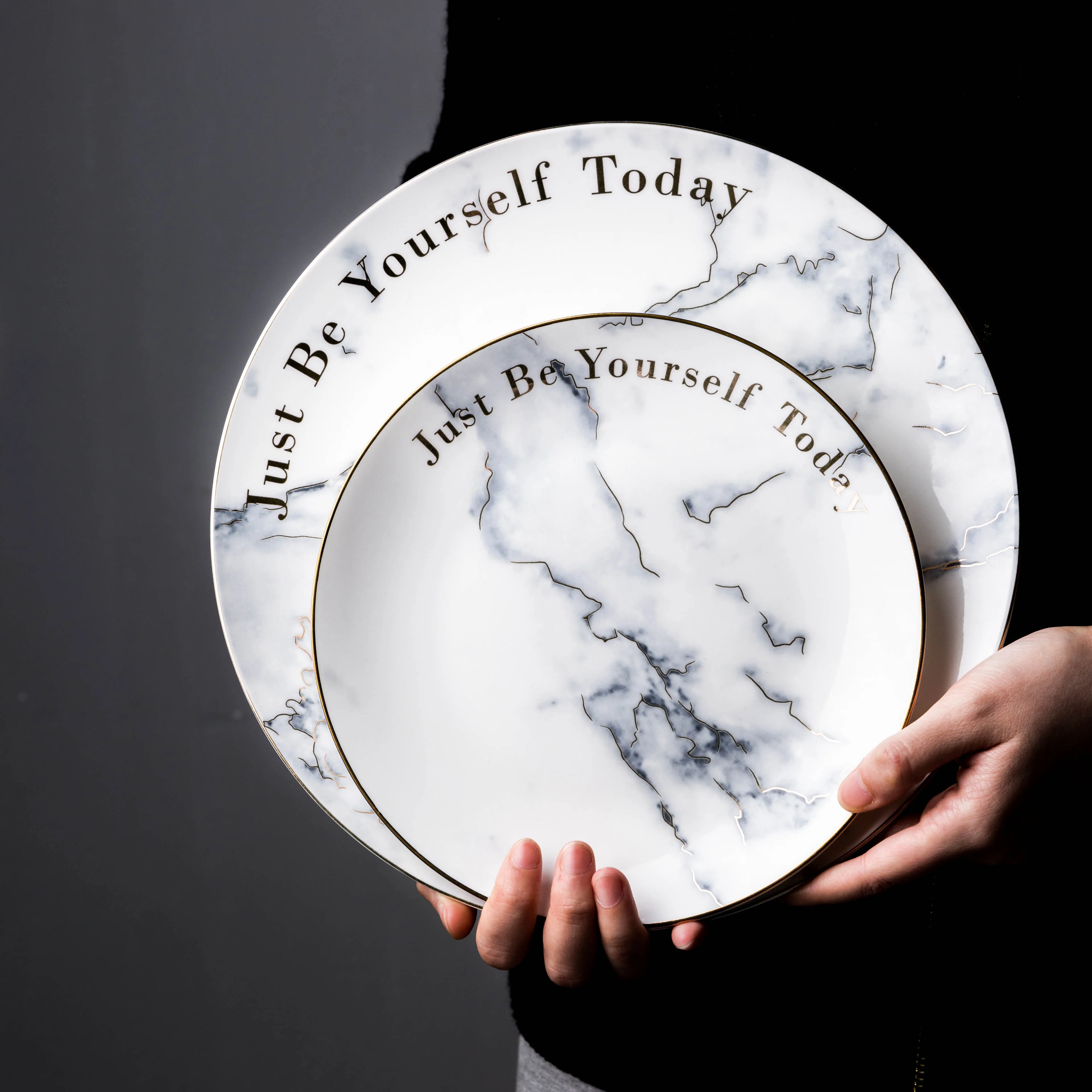 Набор фарфоровой посуды керамическая тарелка под золото белый мрамор украшение