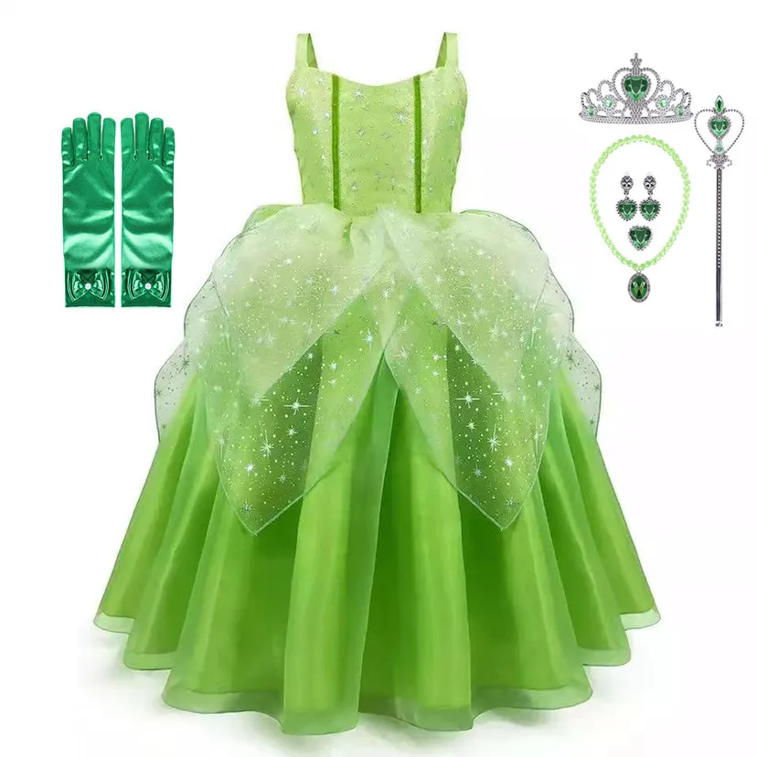 

Girls Princess Tiana Dress up Costume Kids Cosplay Princess and The Frog Clothing Christmas Carnival Dress
