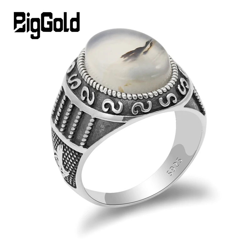 

Original 925 Sterling Silver Men Ring with Big Natural Aagte Stone Ring Vintage Style for Male Women Turkish Handmade Jewelry