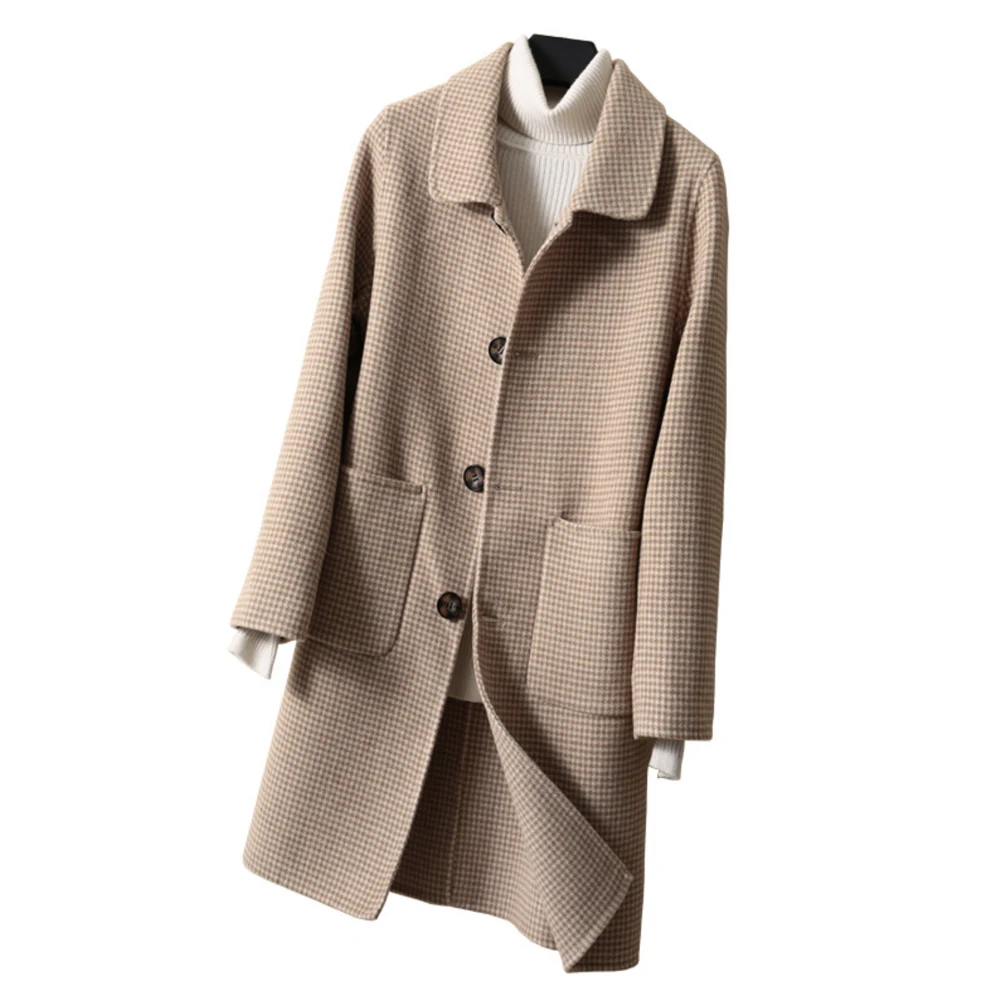 Клетчатое плотное зимнее женское хлопковое теплое пальто из 100% шерсти и кашемира