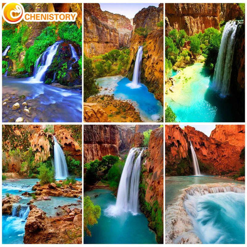 

CHENISTORY Painting By Numbers Waterfall Scenery Drawing On Canvas HandPainted Art Gift DIY Picture Kits Home Decoration Crafts